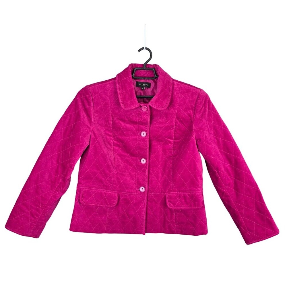 Womens Talbots Fuchsia Quilted Velvet Jacket Button Up Cotton Blend Size 16